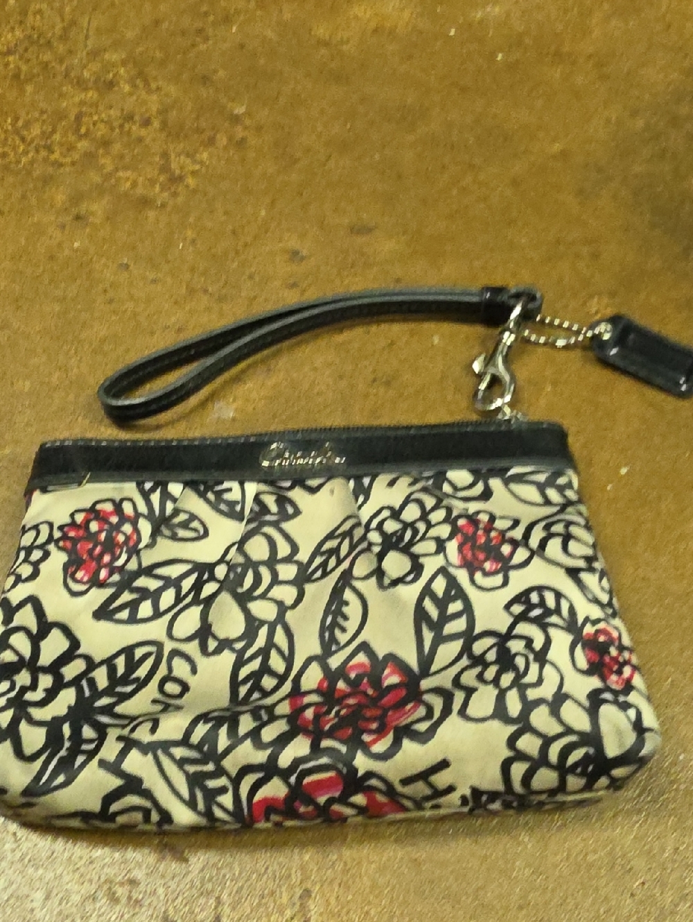 Coach Floral Wristlet in Cream, Black and Red